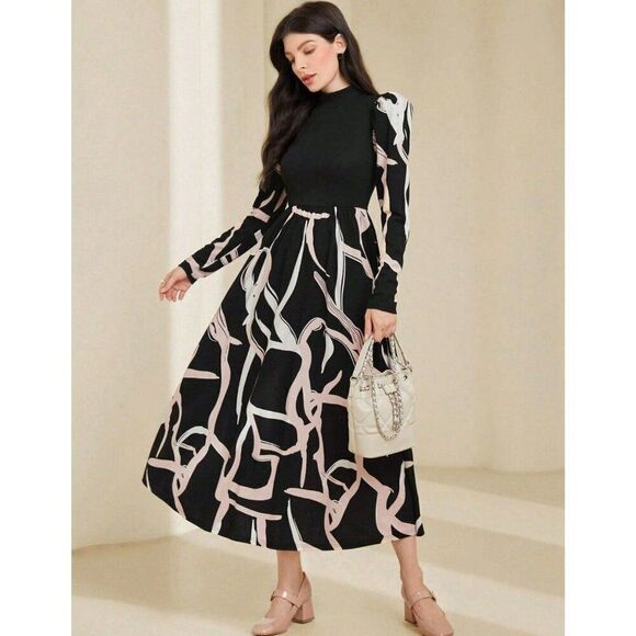 SHEIN‎ Woman’s Dress MIDI Puff Sleeves Black Ivory Beige XL Flowy Stretch Trendy - Picture 7 of 7